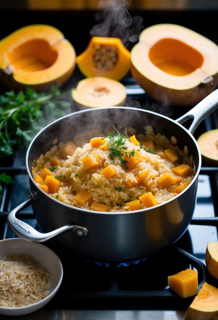 A steaming pot of creamy butternut squash risotto simmering on a stovetop, surrounded by fresh ingredients like arborio rice, diced squash, and fragrant herbs