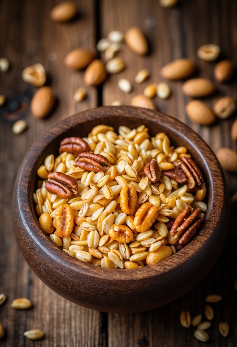 Toasted barley and mixed nuts in a rustic wooden bowl