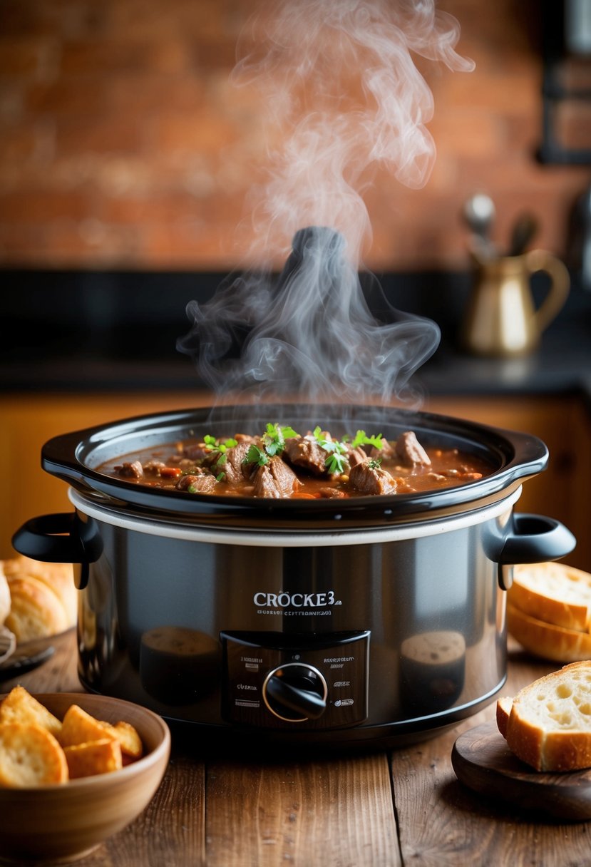 A steaming crock pot filled with hearty beef stew, surrounded by warm, rustic kitchen decor and a hint of steam rising from the pot