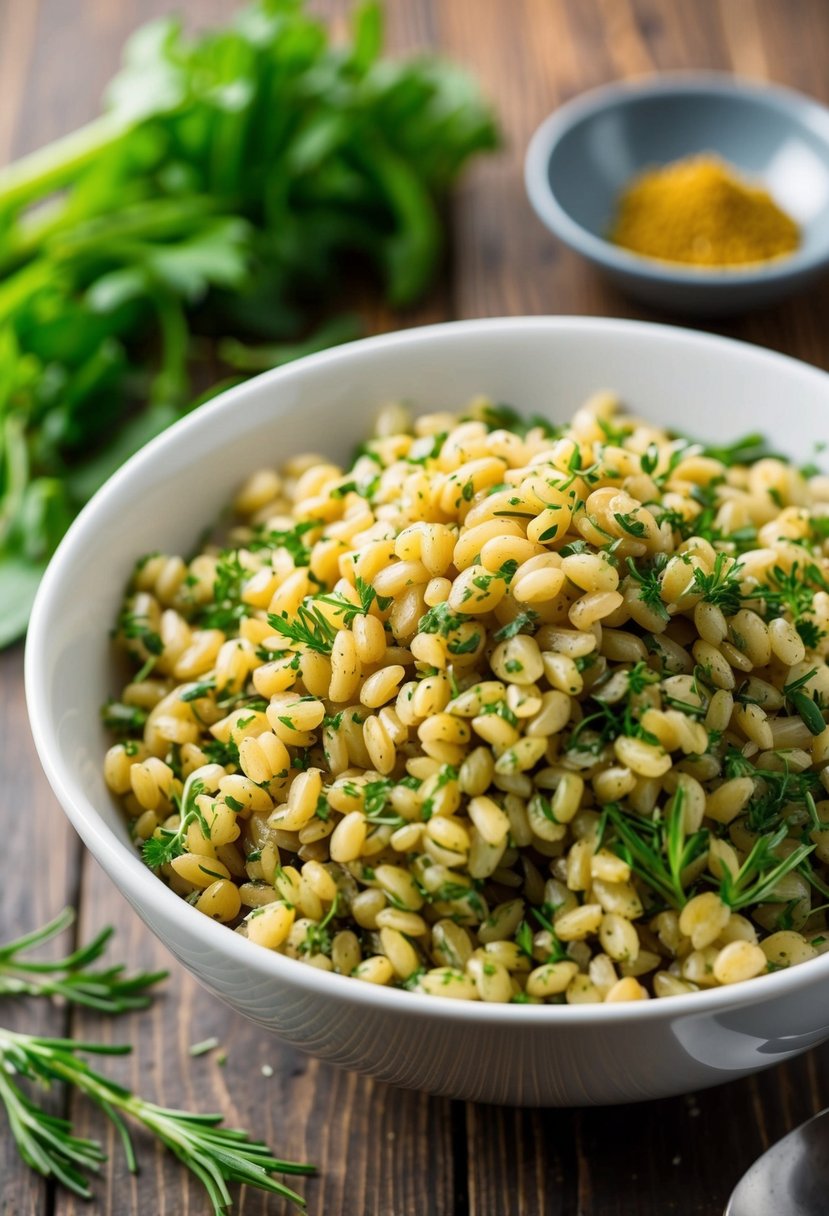 A bowl of cooked herbed barley with fresh herbs and spices scattered around it on a wooden table