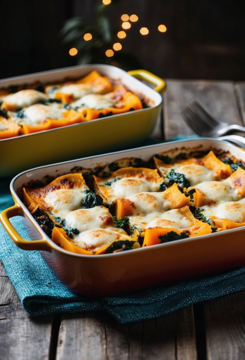 A colorful pan of layered butternut squash and spinach lasagna, with bubbling cheese on top, sitting on a rustic wooden table