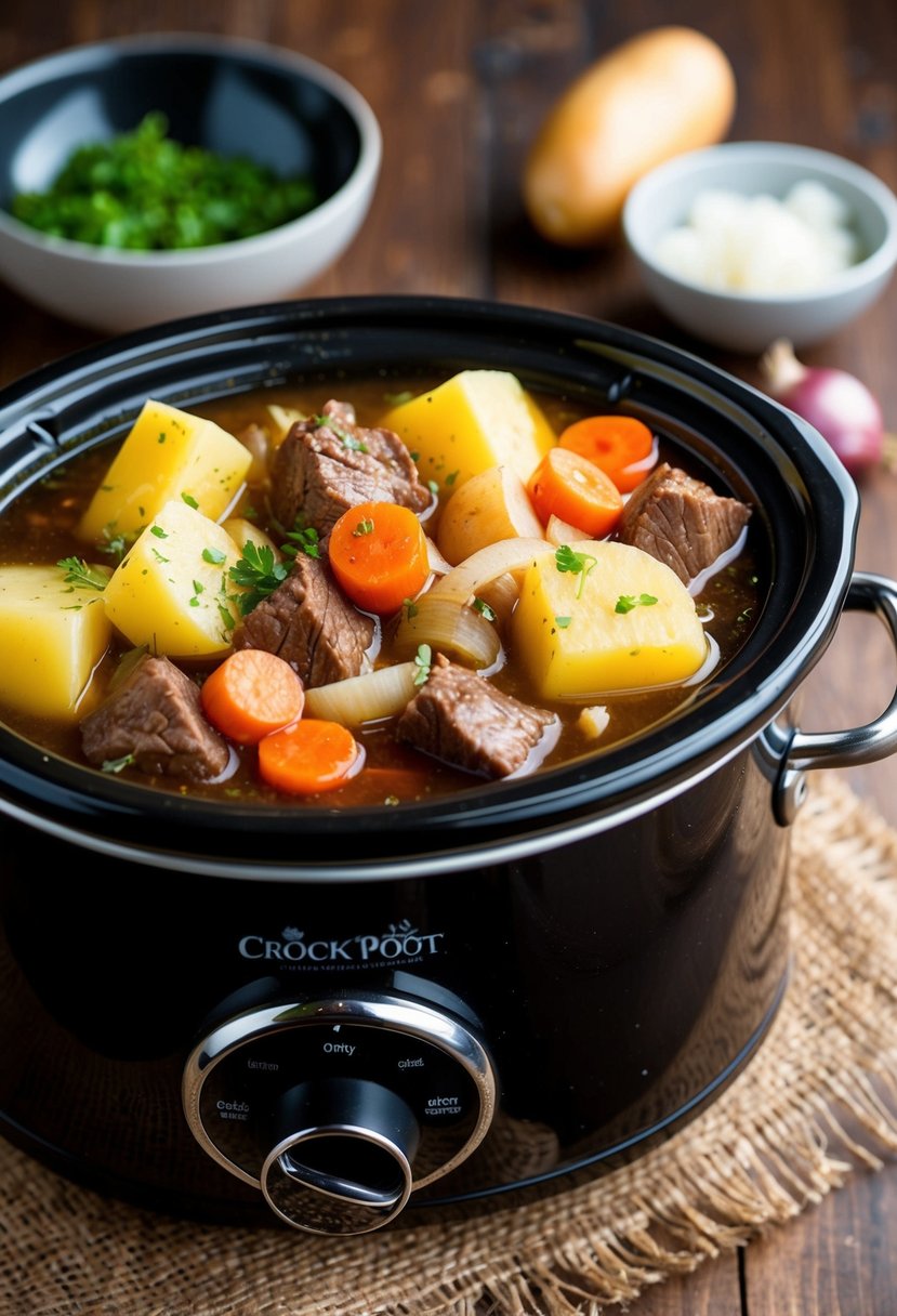 A bubbling crock pot filled with chunks of beef, potatoes, carrots, and onions in a rich, savory broth