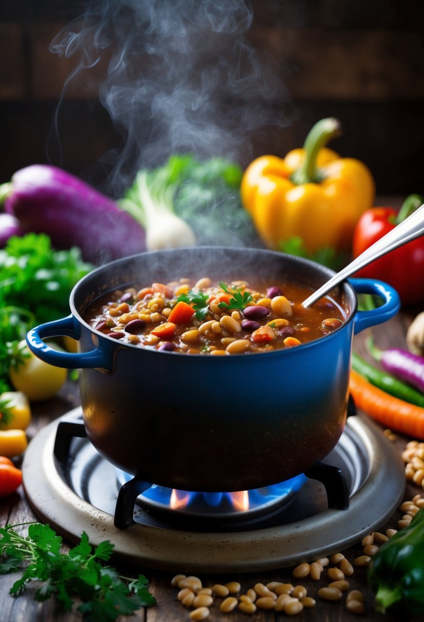 A steaming pot of barley and bean chili simmers on a rustic stove, surrounded by colorful vegetables and aromatic herbs