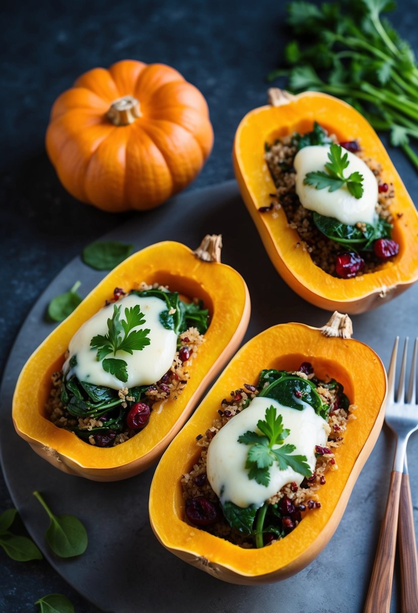 A halved butternut squash filled with quinoa, spinach, and cranberries, topped with melted cheese and fresh herbs