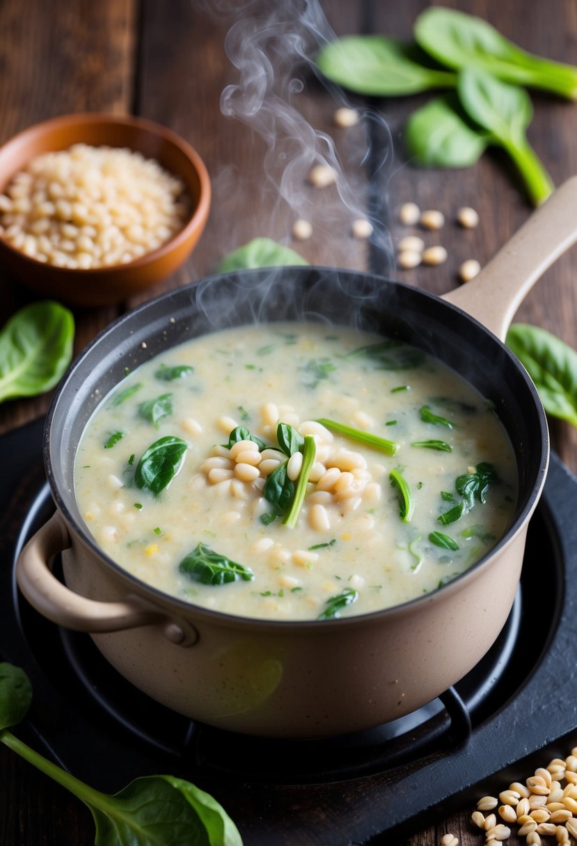 A steaming pot of creamy barley and spinach soup simmers on a rustic wooden stove, surrounded by fresh ingredients like spinach leaves and pearl barley