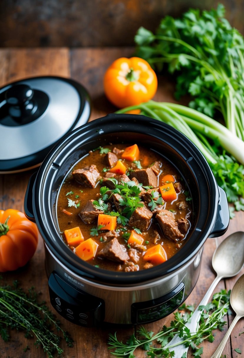 A bubbling crockpot filled with hearty beef stew, surrounded by fresh vegetables and herbs on a rustic kitchen counter