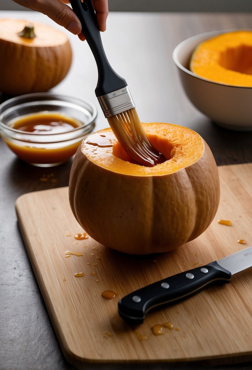 A butternut squash being brushed with maple glaze on a cutting board beside a knife and bowl of glaze