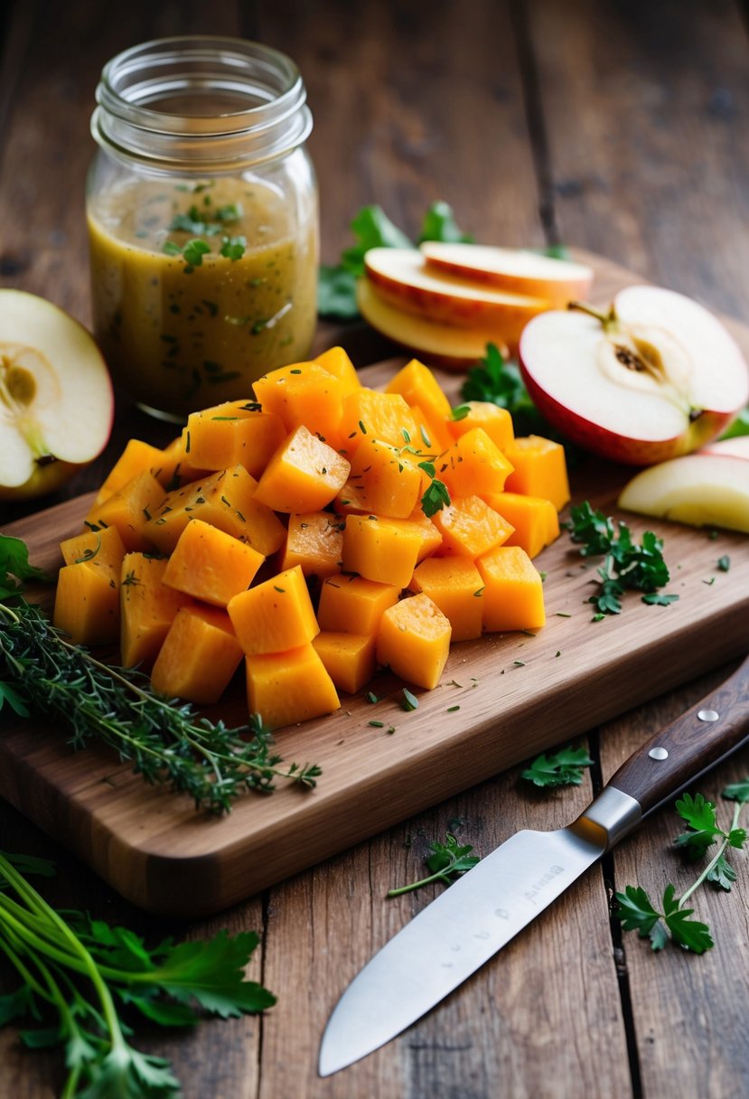 A wooden cutting board with diced butternut squash and sliced apples, surrounded by fresh herbs and a vinaigrette in a glass jar