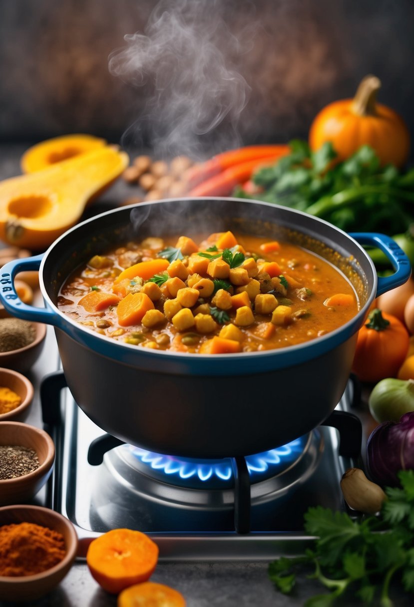 A steaming pot of butternut squash and chickpea curry simmering on a stove, surrounded by colorful spices and fresh vegetables