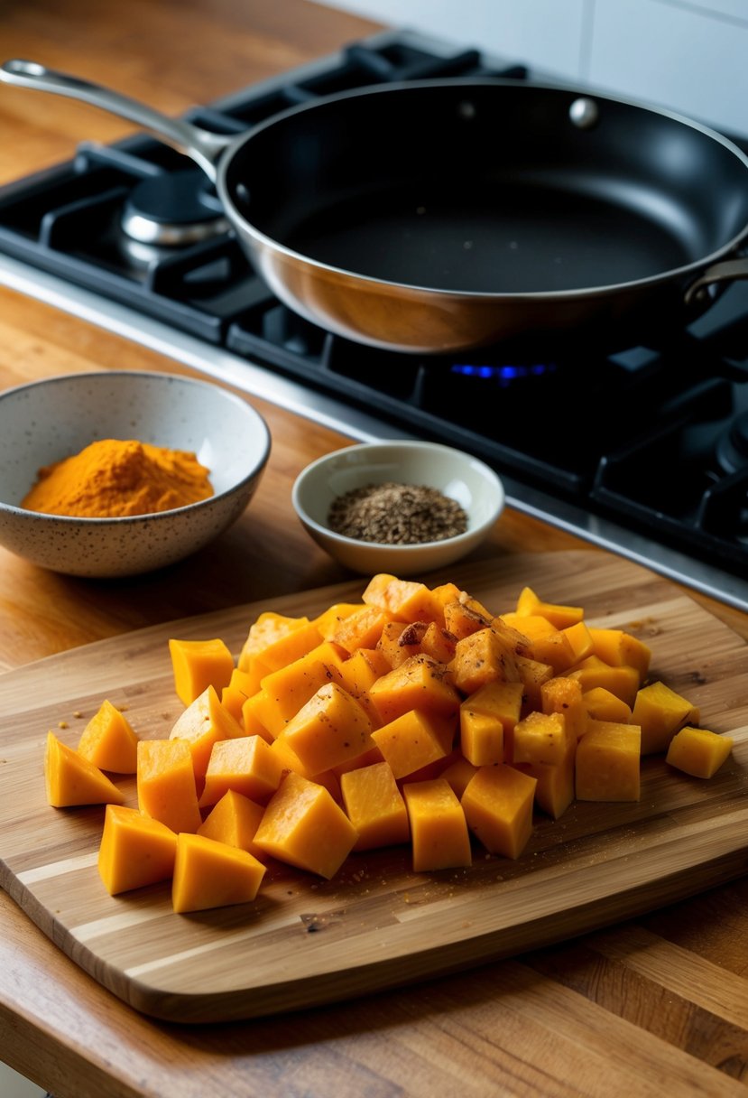 A wooden cutting board with diced butternut squash, a bowl of spices, and a skillet on a stovetop