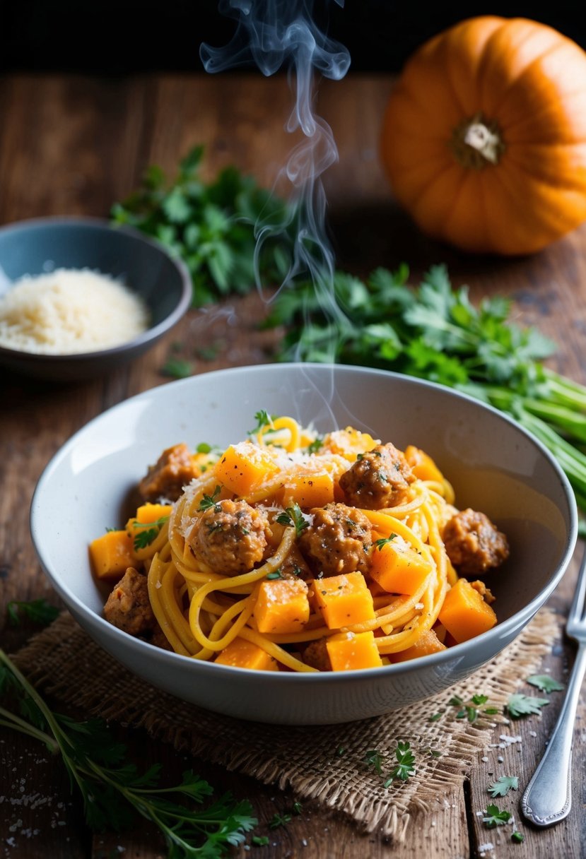 A steaming bowl of butternut squash and sausage pasta on a rustic wooden table, surrounded by fresh herbs and a scattering of parmesan cheese