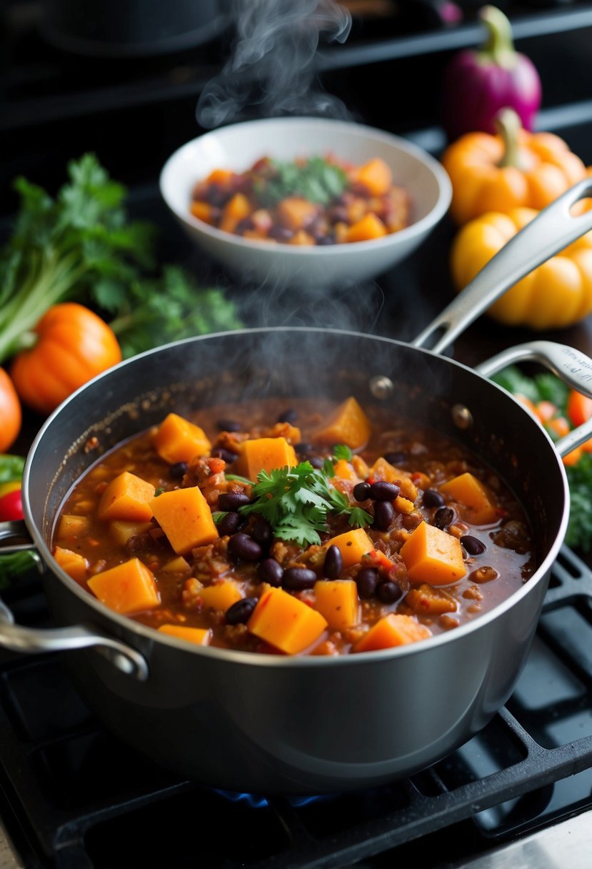 A steaming pot of butternut squash and black bean chili simmers on a stove, surrounded by colorful vegetables and herbs