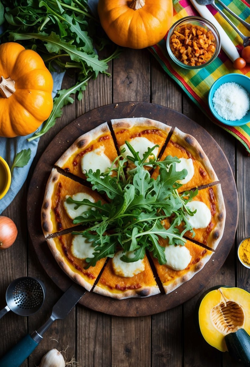 A rustic wooden table with a freshly baked butternut squash pizza topped with arugula, surrounded by colorful ingredients and kitchen utensils