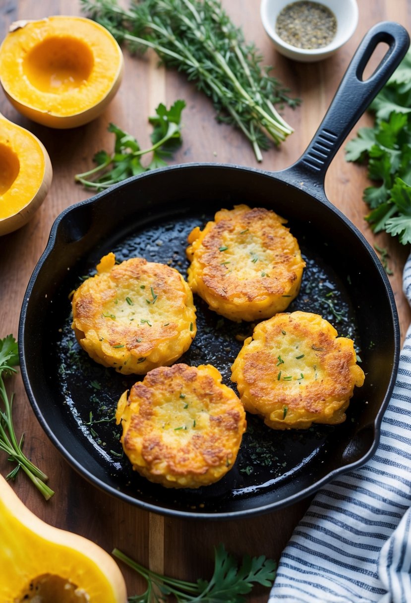 Golden butternut squash fritters sizzling in a skillet, surrounded by fresh herbs and spices