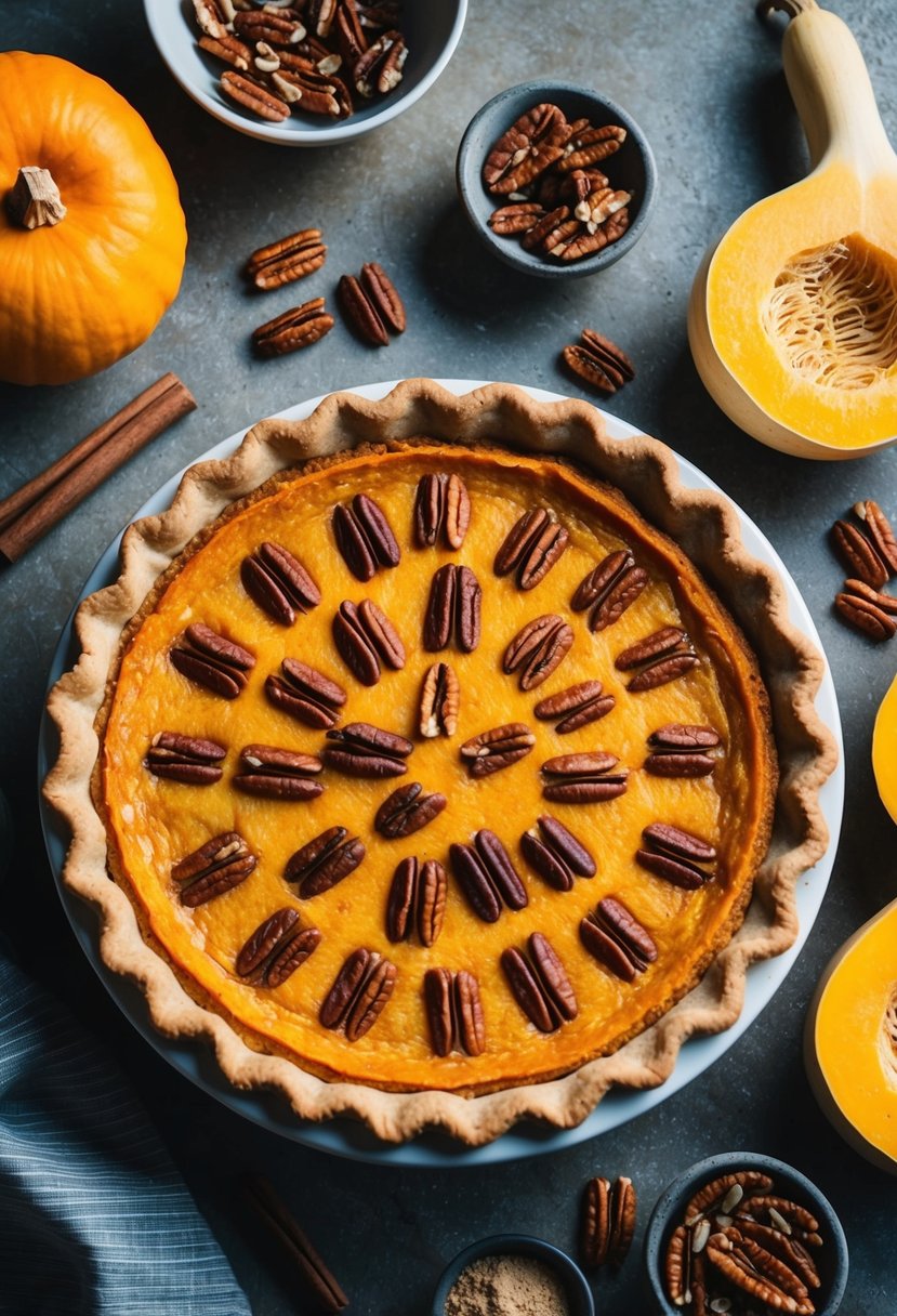 A rustic kitchen table with a freshly baked butternut squash pecan pie surrounded by ingredients like squash, pecans, and cinnamon