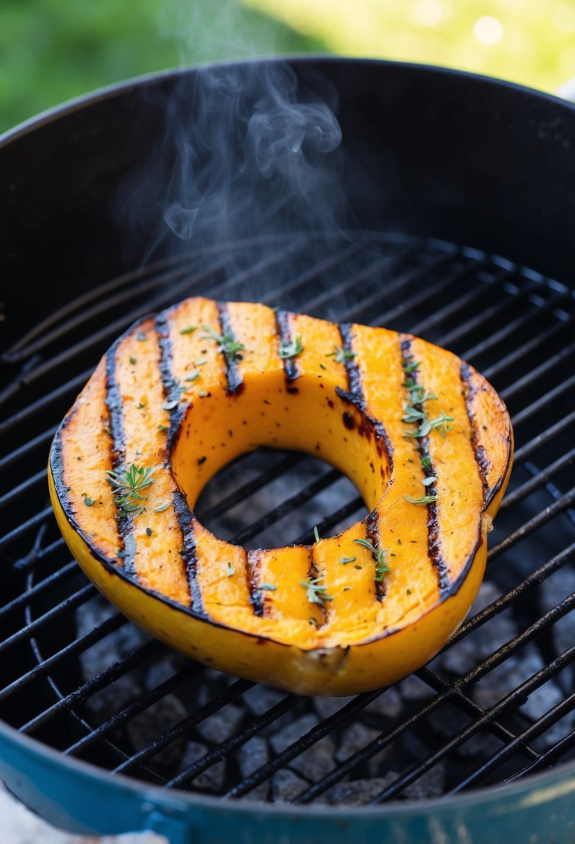 A sizzling butternut squash steak grilling on a barbecue, with char marks and a sprinkle of herbs