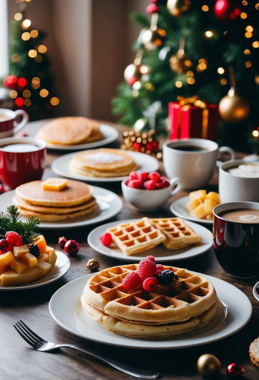 A festive table set with a variety of Christmas breakfast dishes, including pancakes, waffles, fruit, pastries, and hot beverages