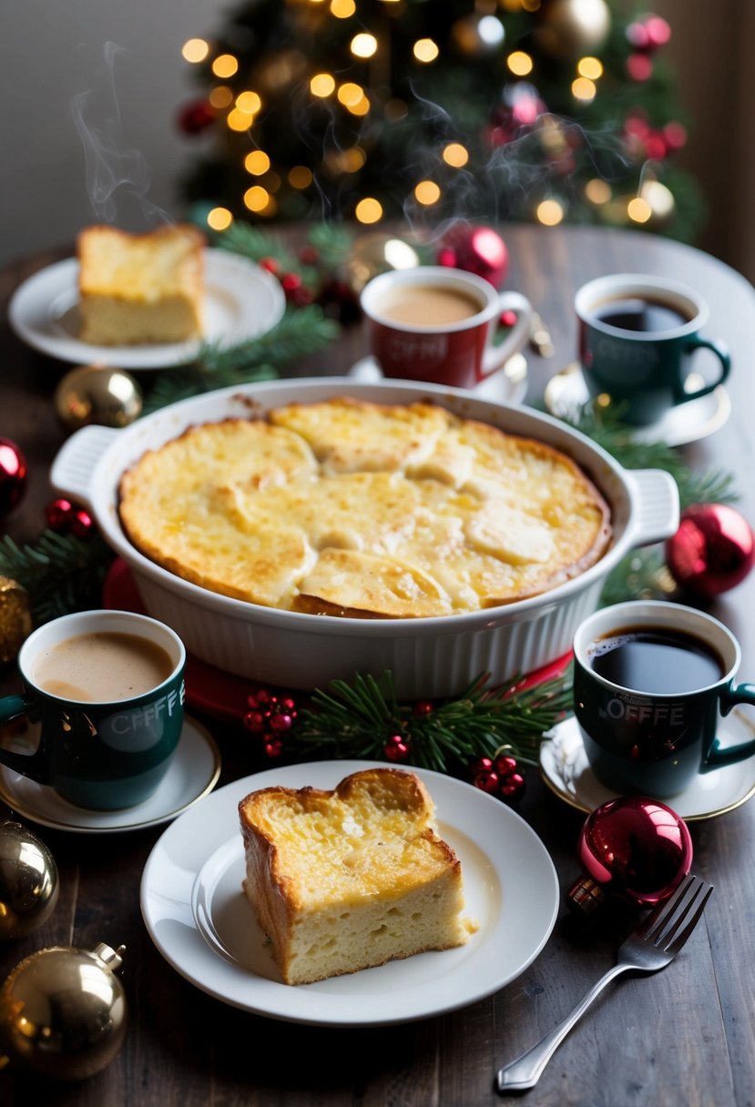 A festive breakfast table set with a large casserole dish of eggnog French toast, surrounded by holiday decorations and steaming mugs of coffee