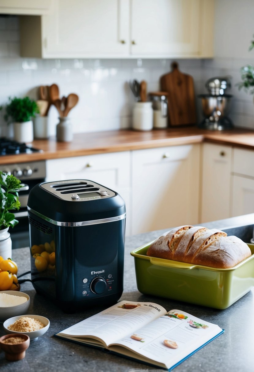 A kitchen counter with ingredients, a breadmaker, and a recipe book open to a page of bread recipes