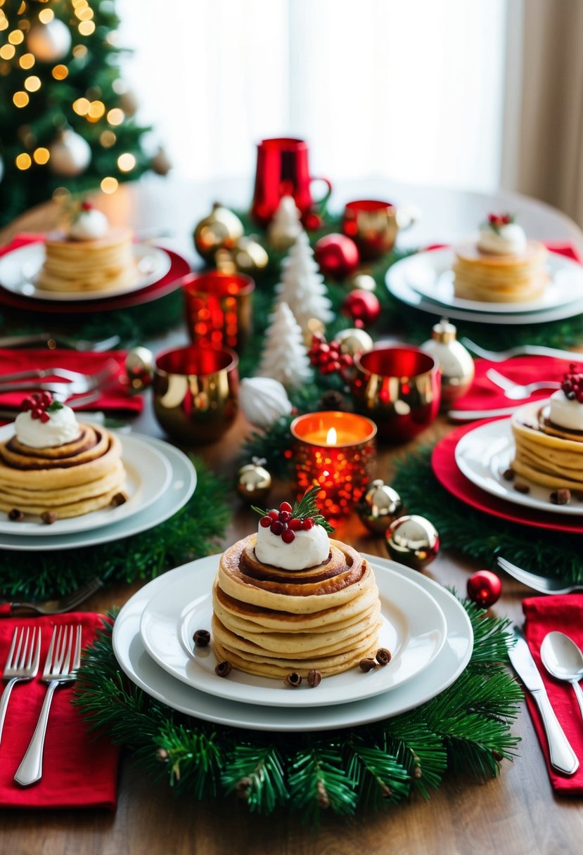 A festive table set with cinnamon roll pancakes, adorned with Christmas decorations and surrounded by holiday-themed dishes and utensils