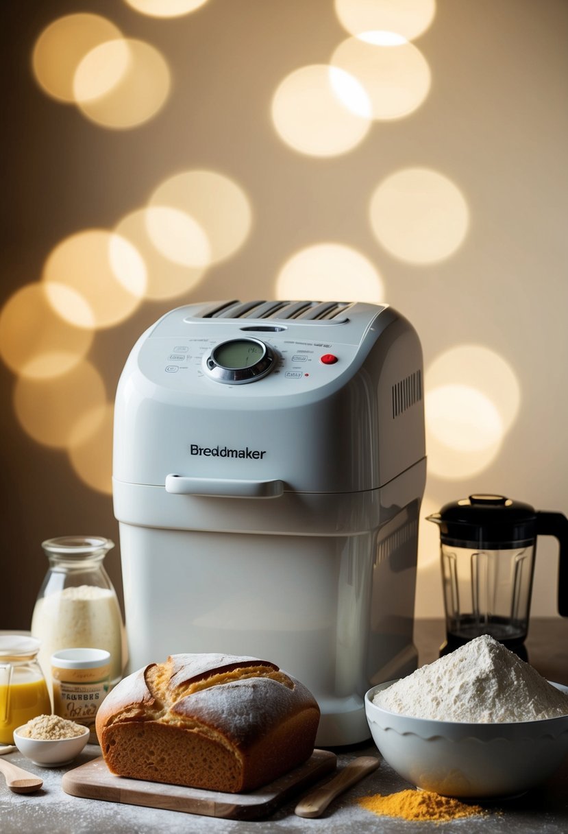 A breadmaker surrounded by ingredients, flour, yeast, and a loaf of classic white bread