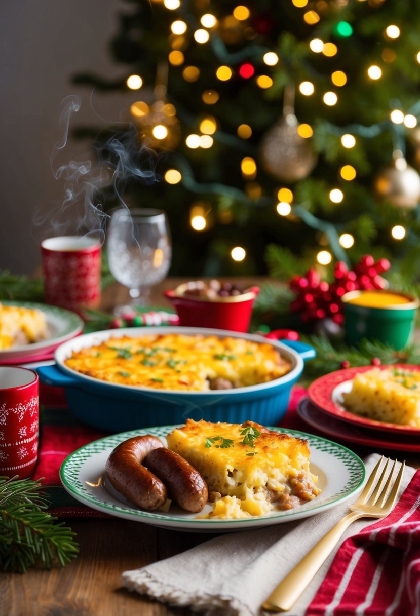 A festive breakfast table set with a steaming casserole dish of sausage and hash brown casserole, surrounded by holiday decor and twinkling lights