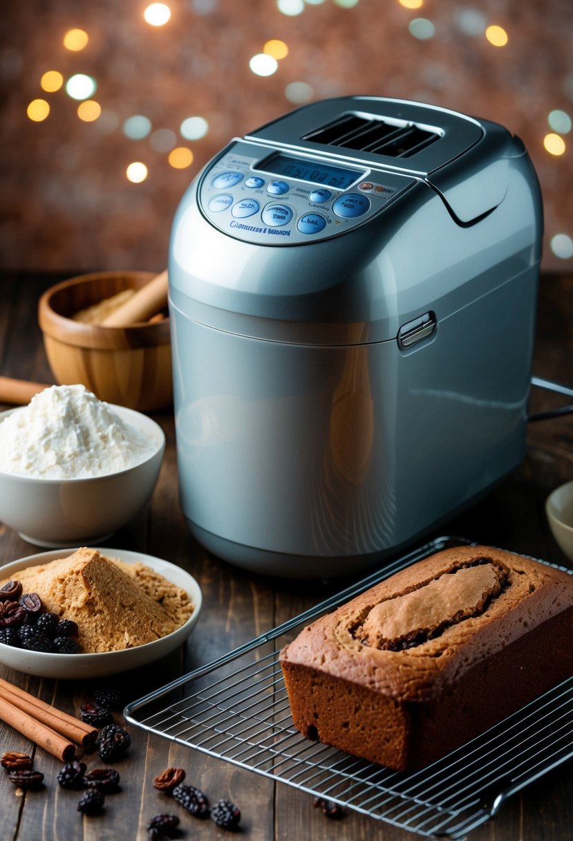 A breadmaker surrounded by ingredients like flour, cinnamon, and raisins, with a loaf of cinnamon raisin bread cooling on a wire rack nearby