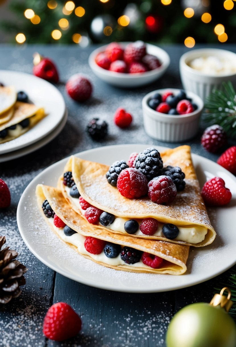 A festive Christmas breakfast spread with berry and cream cheese stuffed crepes, adorned with powdered sugar and fresh berries