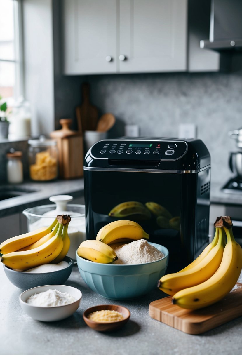 A kitchen counter with a bread maker, a bowl of ripe bananas, flour, sugar, and other ingredients for making banana bread