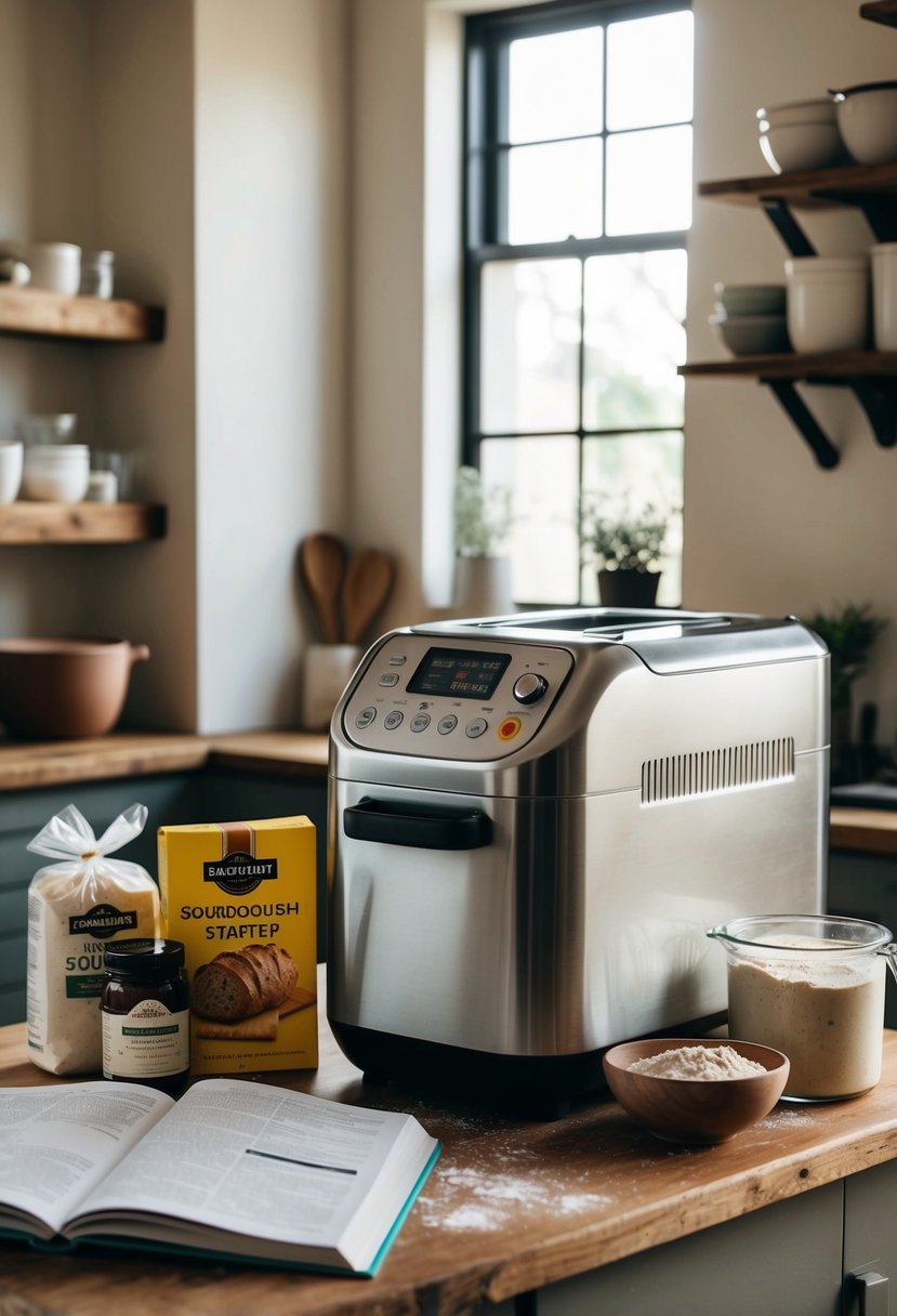 A rustic kitchen counter with a breadmaker, flour, sourdough starter, and recipe book open to a page on sourdough bread