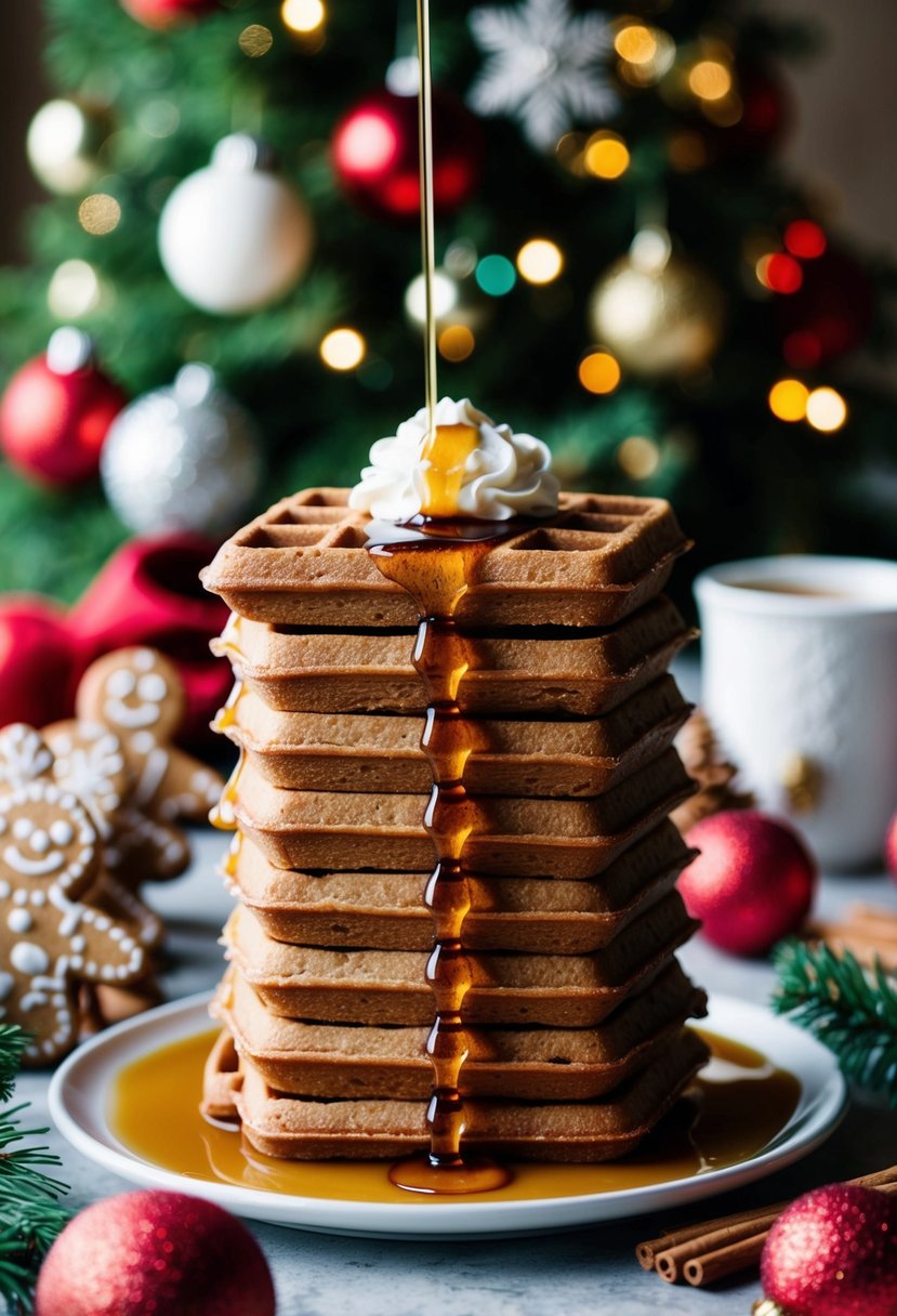 A stack of gingerbread waffles topped with maple syrup, surrounded by festive holiday decorations