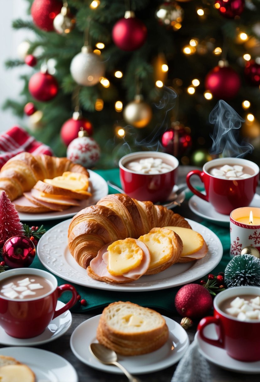 A festive Christmas breakfast spread with a ham and cheese croissant bake surrounded by holiday decorations and steaming mugs of hot cocoa