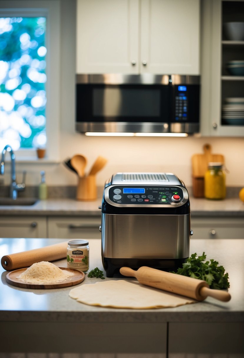 A kitchen counter with a bread maker, ingredients, and a rolling pin for pizza dough