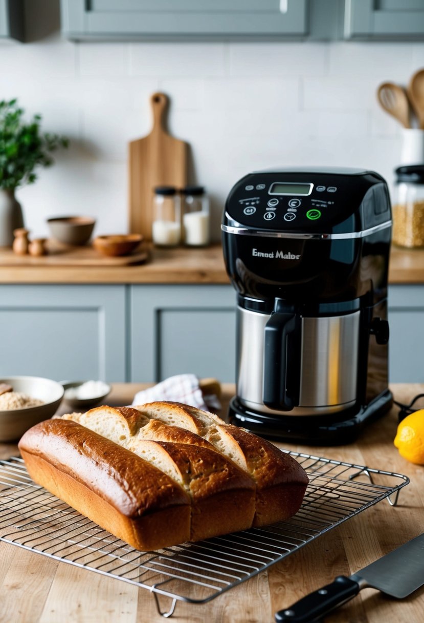 A kitchen counter with ingredients, a bread maker, and a freshly baked French bread loaf cooling on a wire rack