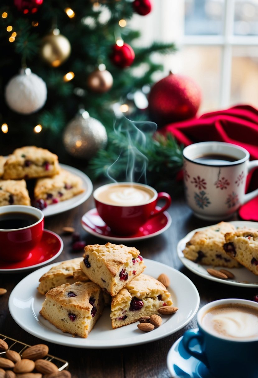 A festive breakfast spread with almond and cranberry scones, surrounded by holiday decorations and a steaming cup of coffee