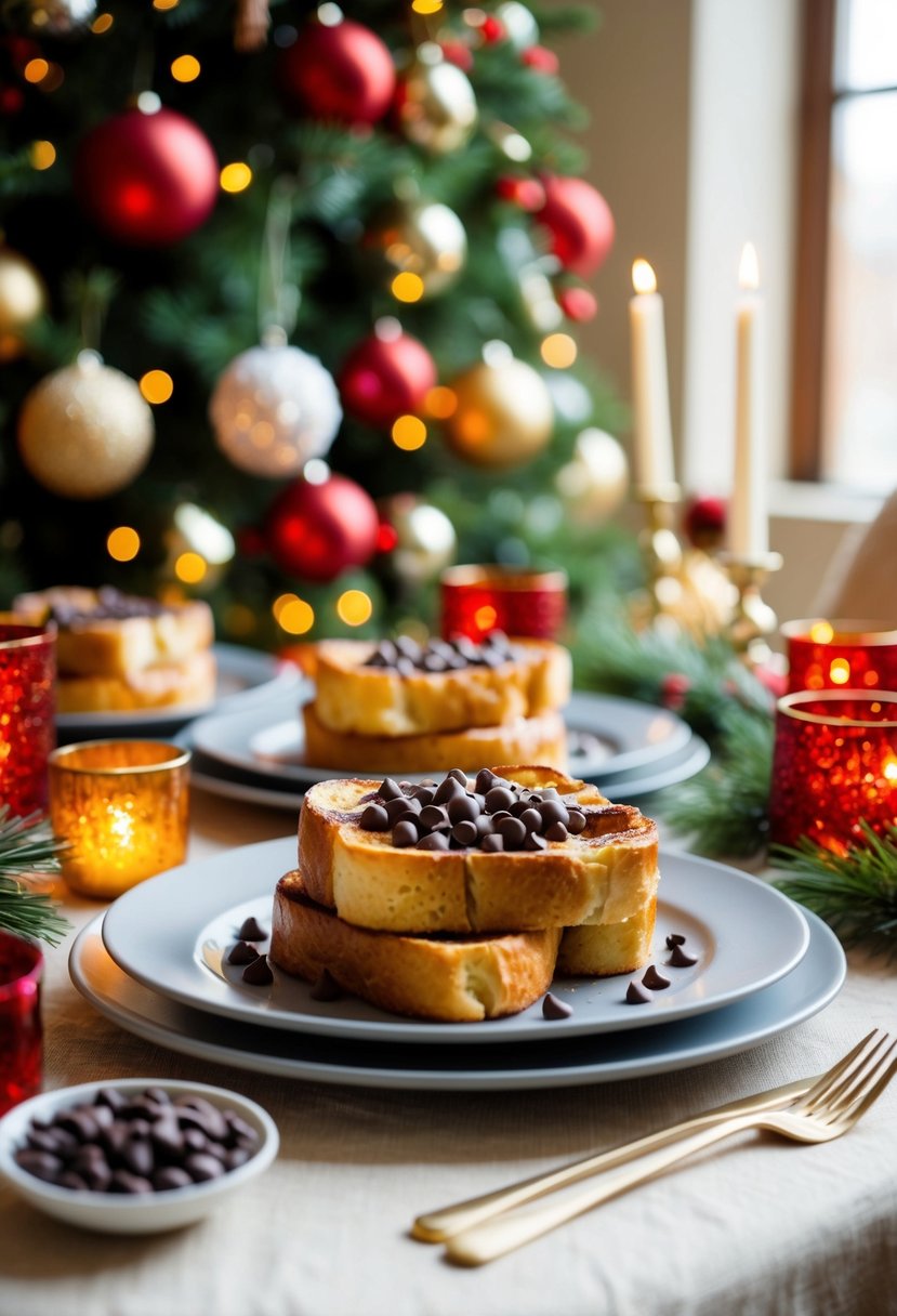 A festive table set with brioche French toast topped with chocolate chips, surrounded by holiday decorations and a warm, inviting atmosphere