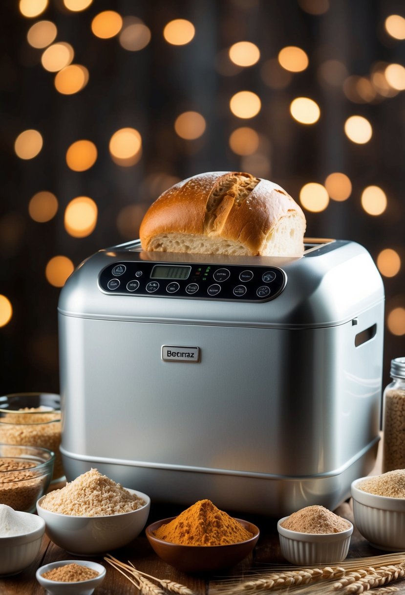 A breadmaker surrounded by whole wheat ingredients