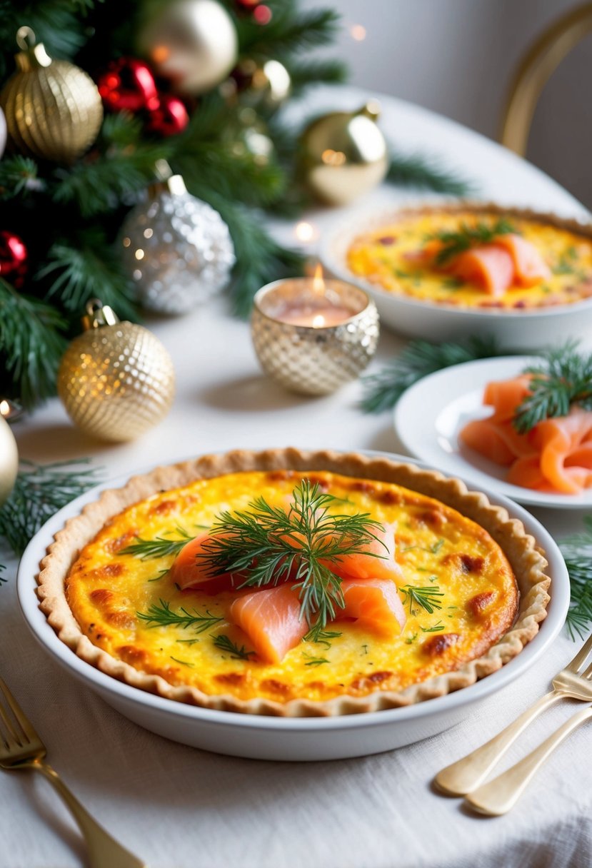 A festive table set with a golden-brown quiche, garnished with smoked salmon and fresh dill, surrounded by elegant holiday decorations