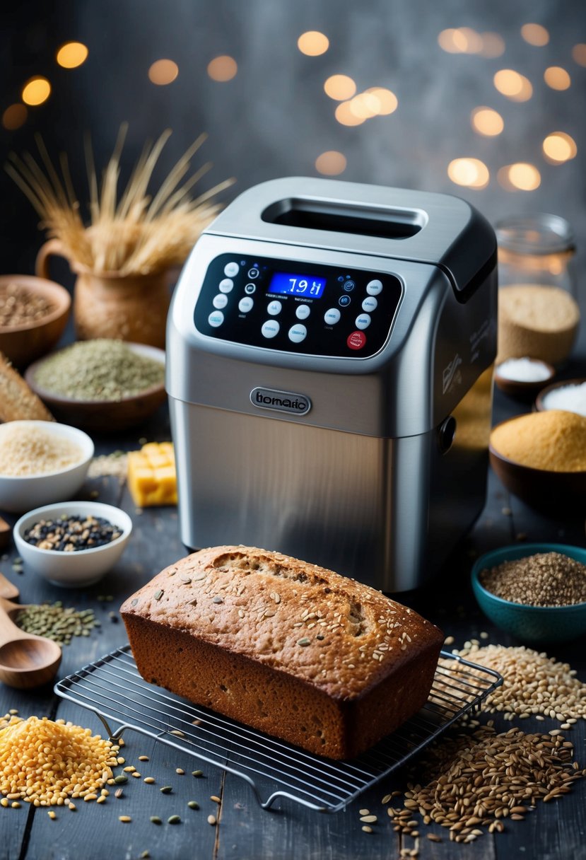 A breadmaker surrounded by various grains and seeds, with a loaf of multigrain bread freshly baked and cooling on a wire rack