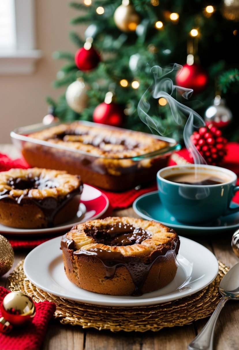 A festive table set with a warm Nutella banana bread pudding, surrounded by Christmas decorations and a steaming cup of coffee