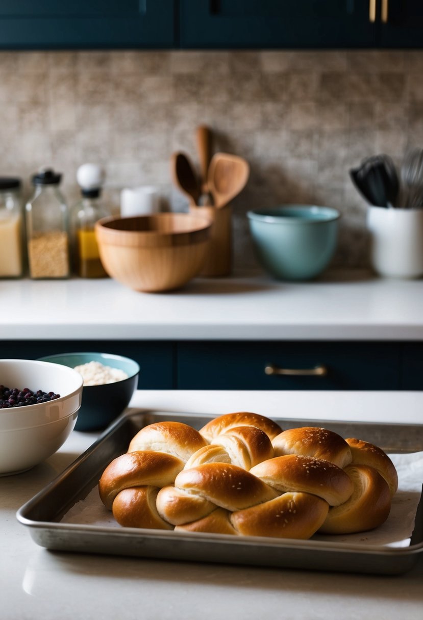 A kitchen counter with ingredients, mixing bowls, and a braided loaf of challah bread rising on a baking sheet