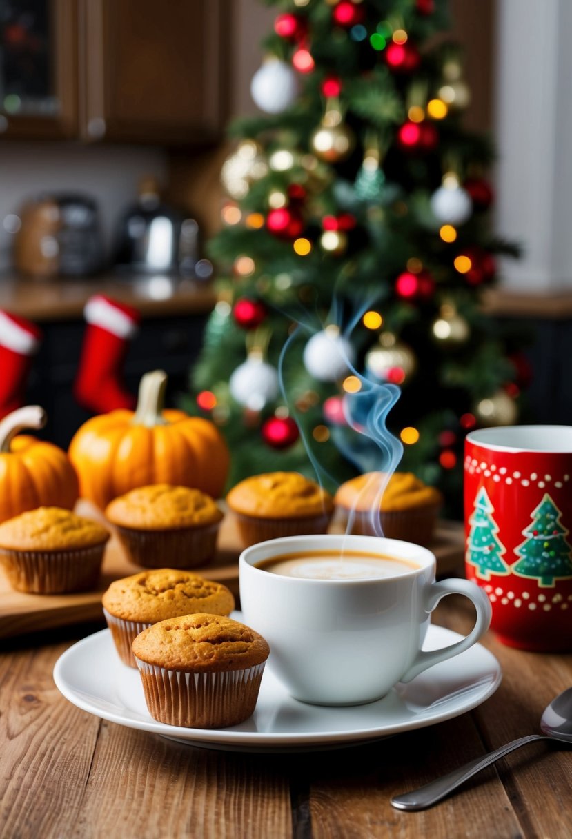 A cozy kitchen scene with a plate of pumpkin spice muffins, a steaming cup of coffee, and festive Christmas decorations in the background