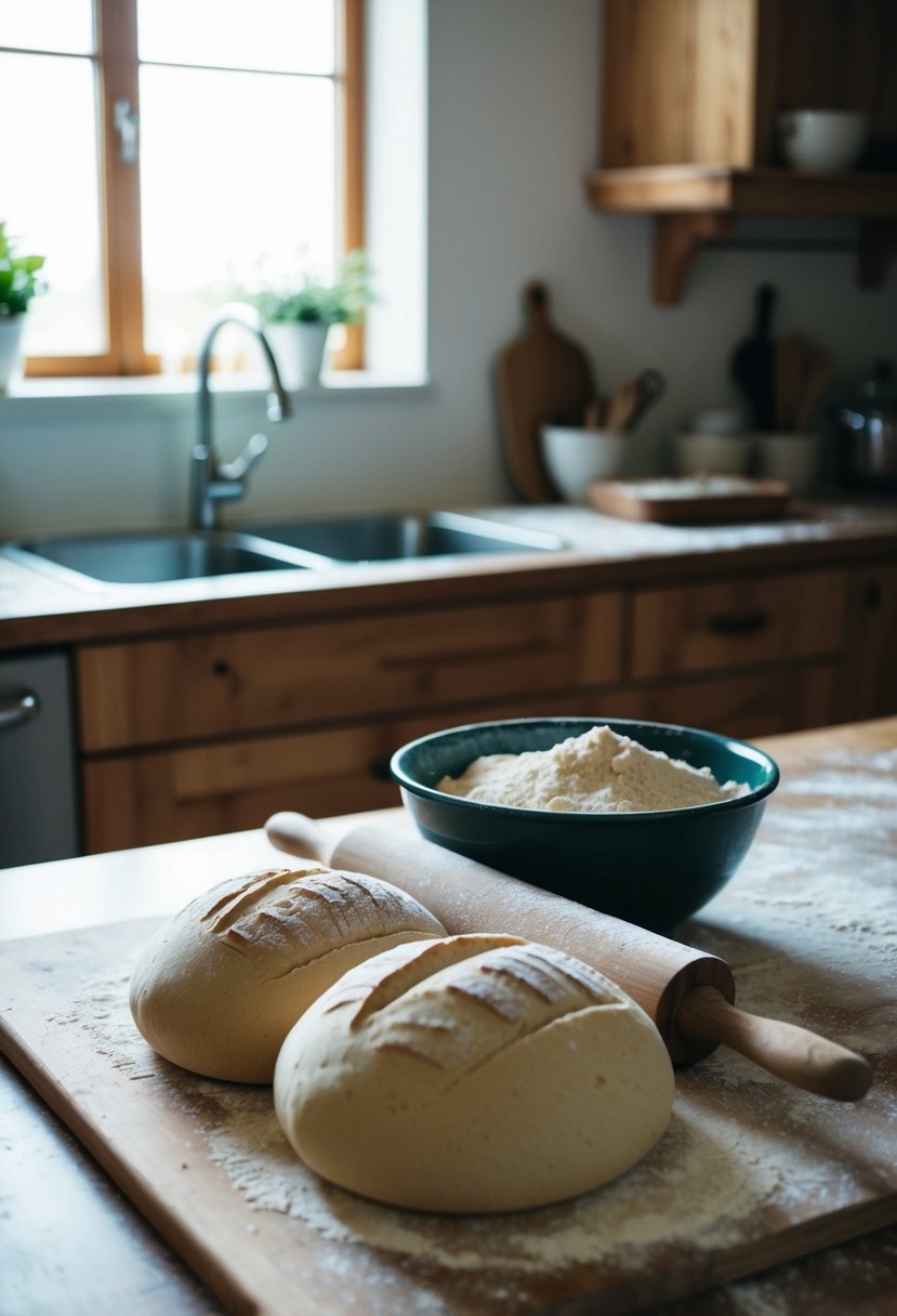 A rustic kitchen with flour-dusted countertops, a wooden rolling pin, and a bowl of dough ready for shaping into traditional Italian bread loaves