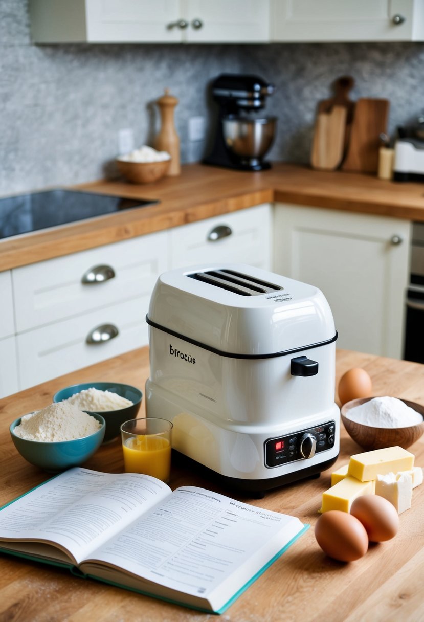 A kitchen counter with a brioche breadmaker surrounded by ingredients like flour, eggs, butter, and sugar. A recipe book lies open next to it