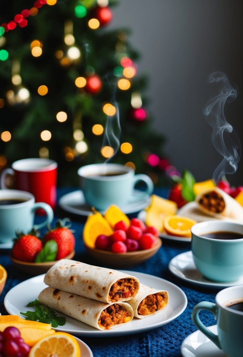 A festive table set with chorizo breakfast burritos, fresh fruit, and steaming mugs of coffee