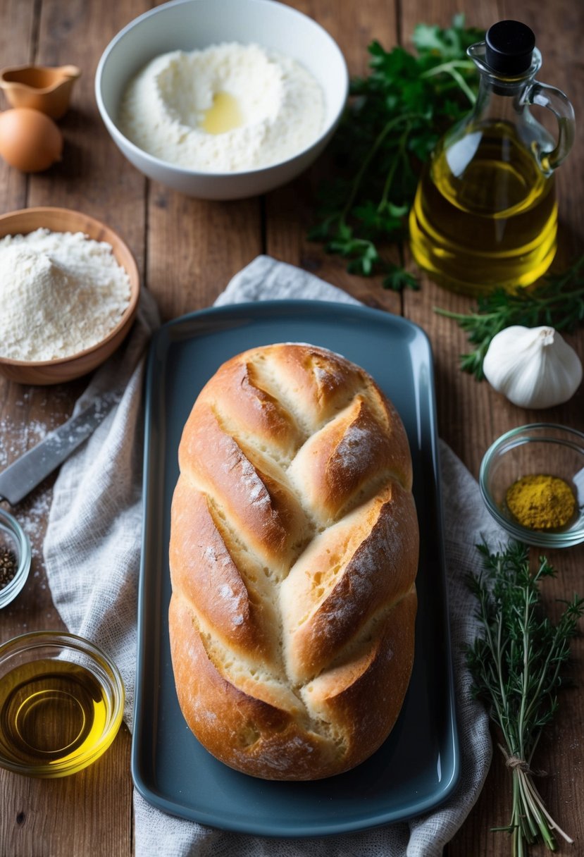 A rustic kitchen table with a freshly baked loaf of ciabatta bread, surrounded by ingredients like olive oil, flour, and herbs