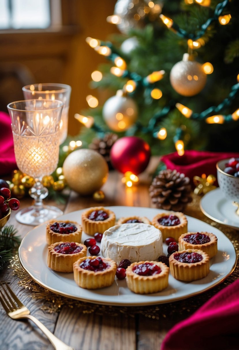 A festive table set with brie and cranberry pastries, surrounded by holiday decorations and twinkling lights