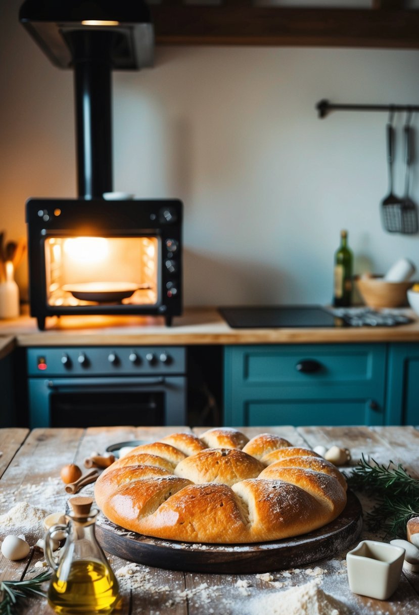 A rustic kitchen with a wooden table covered in flour, olive oil, and various ingredients. A warm oven is baking a golden focaccia bread