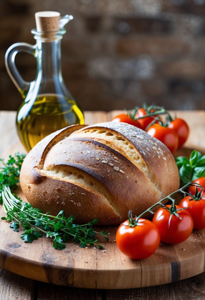 A rustic Tuscan loaf sits on a wooden table, surrounded by olive oil, tomatoes, and fresh herbs