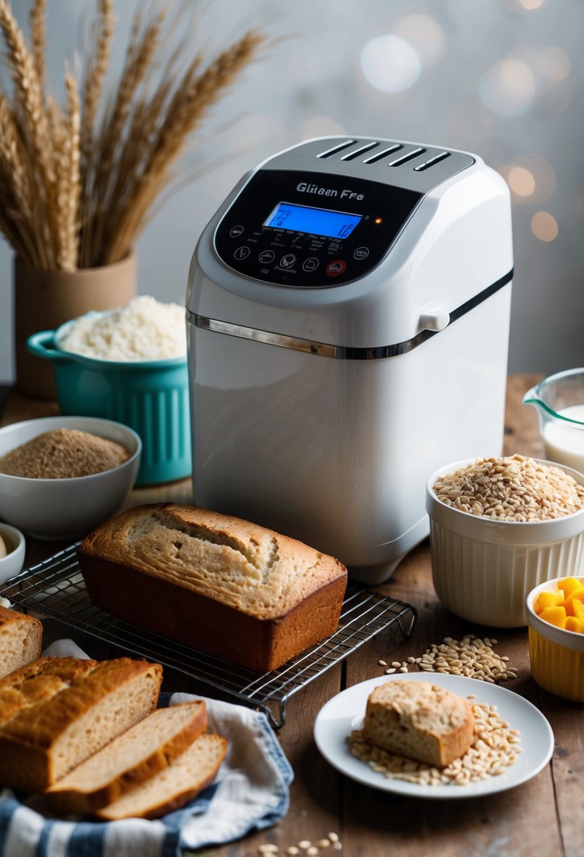 A breadmaker surrounded by gluten-free ingredients, with a loaf of gluten-free bread freshly baked and cooling on a wire rack nearby